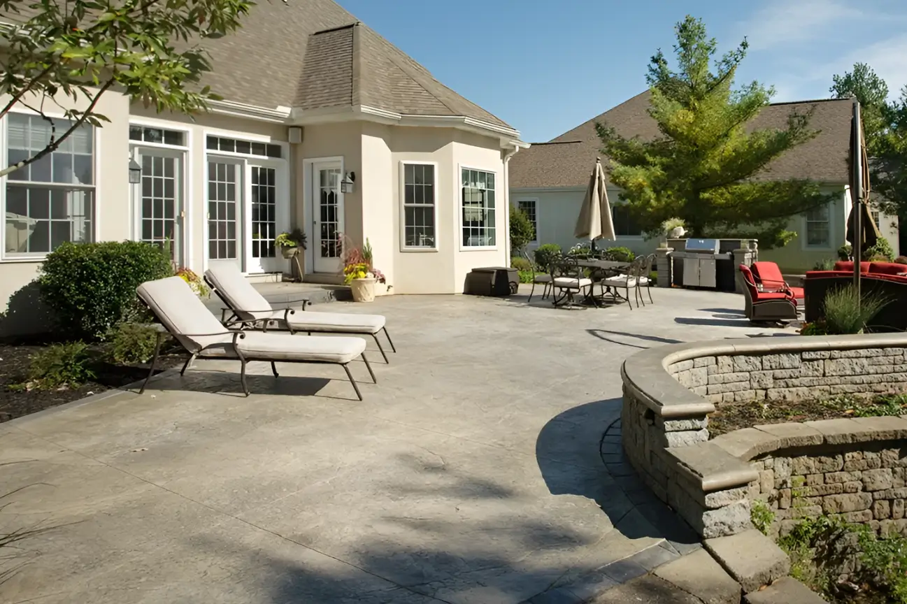 Stamped concrete patio and outdoor living space completed by RHL Build HB Concrete.