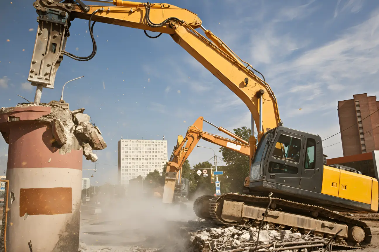 Excavator-mounted hydraulic hammer breaking concrete for RHL Build HB Earthworks.