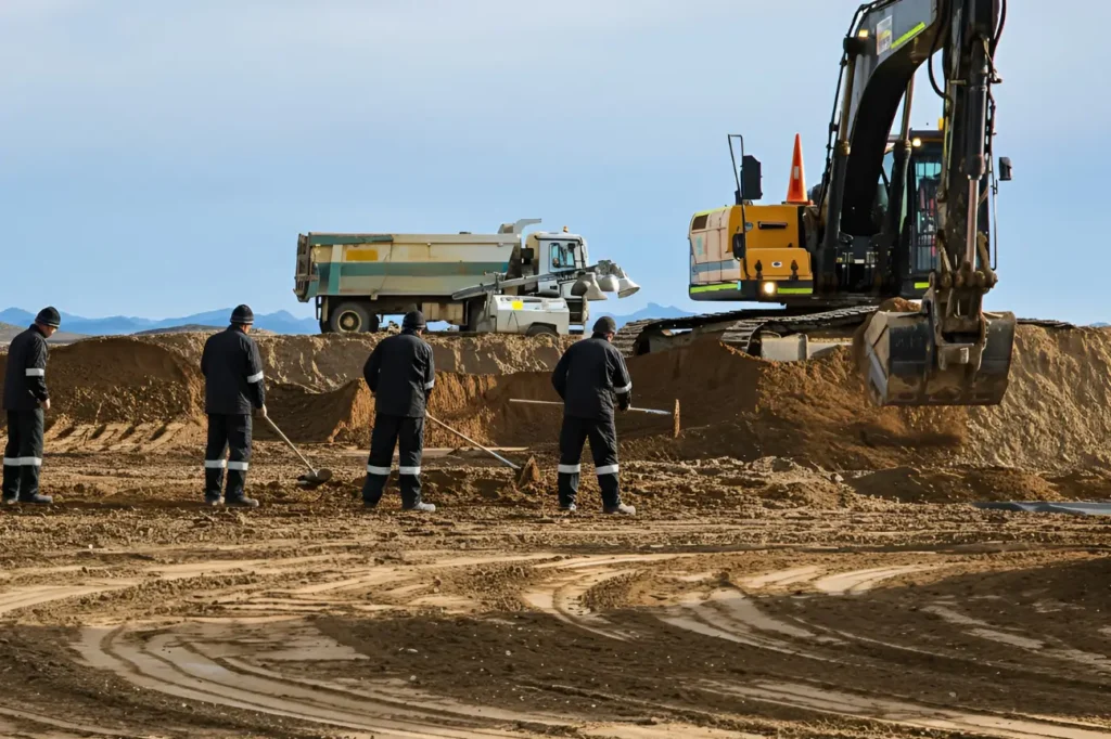 Professional crew and excavator working together on site for RHL Build HB Earthworks.