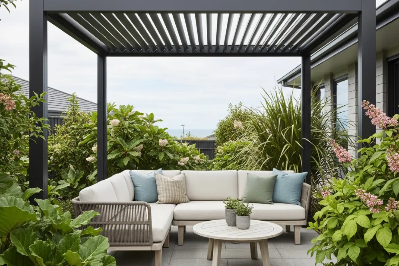 A stylish dark frame pergola framing a cozy outdoor sofa set surrounded by lush green foliage and flowers by RHL Build HB Pergolas.