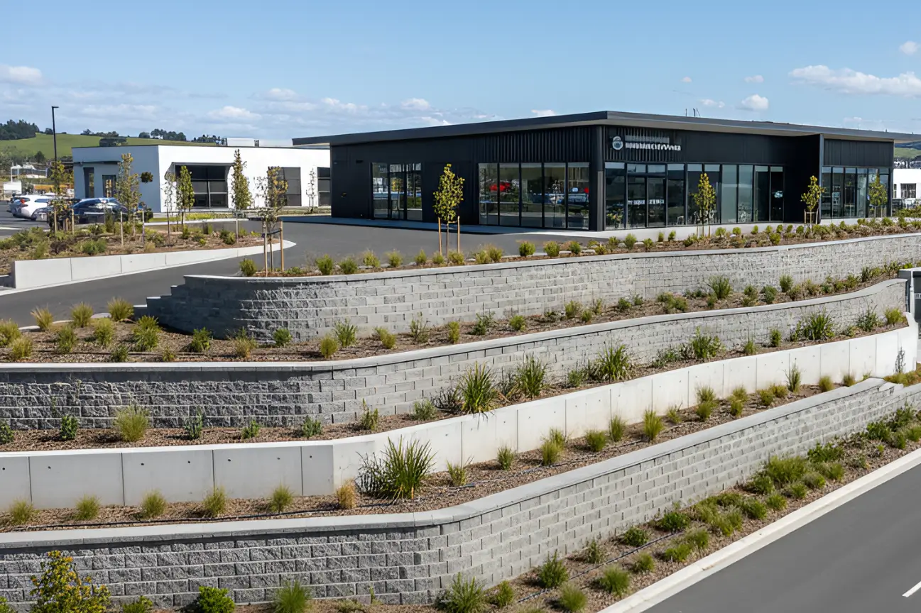 Large-scale terraced RHL Build HB Retaining Walls (block and concrete) for a commercial property in Hawkes Bay.