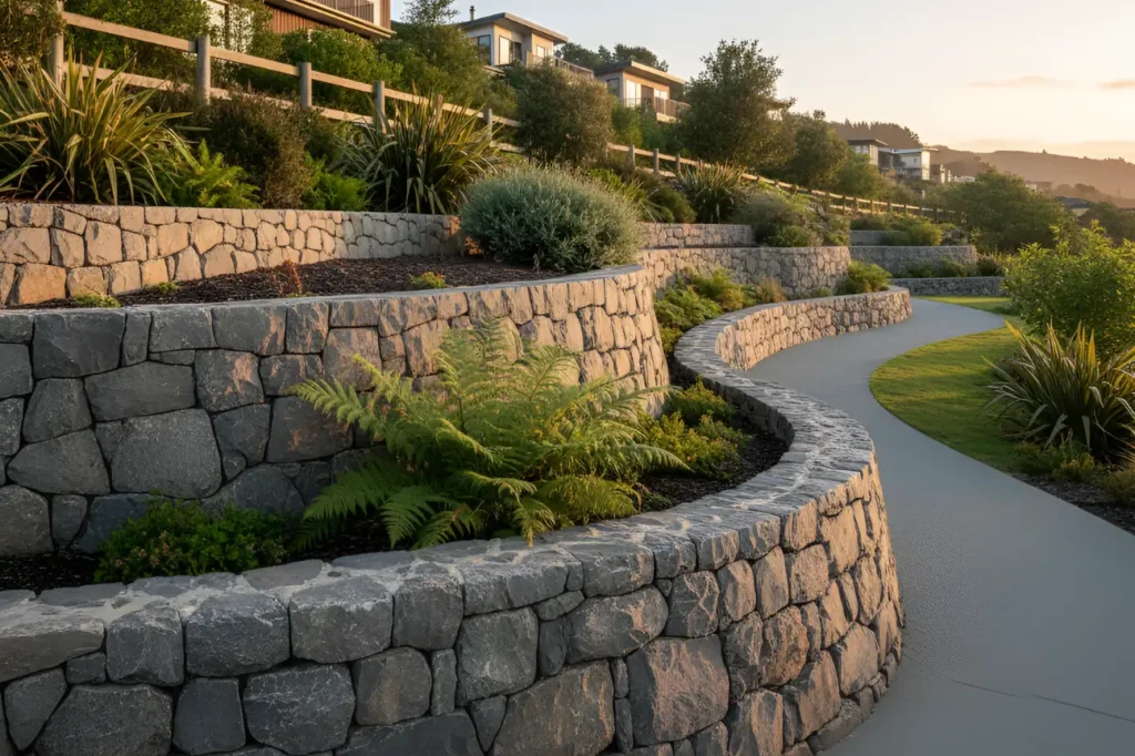 Curved stacked-stone RHL Build HB Retaining Walls providing reliable support for a Hawkes Bay hillside property.