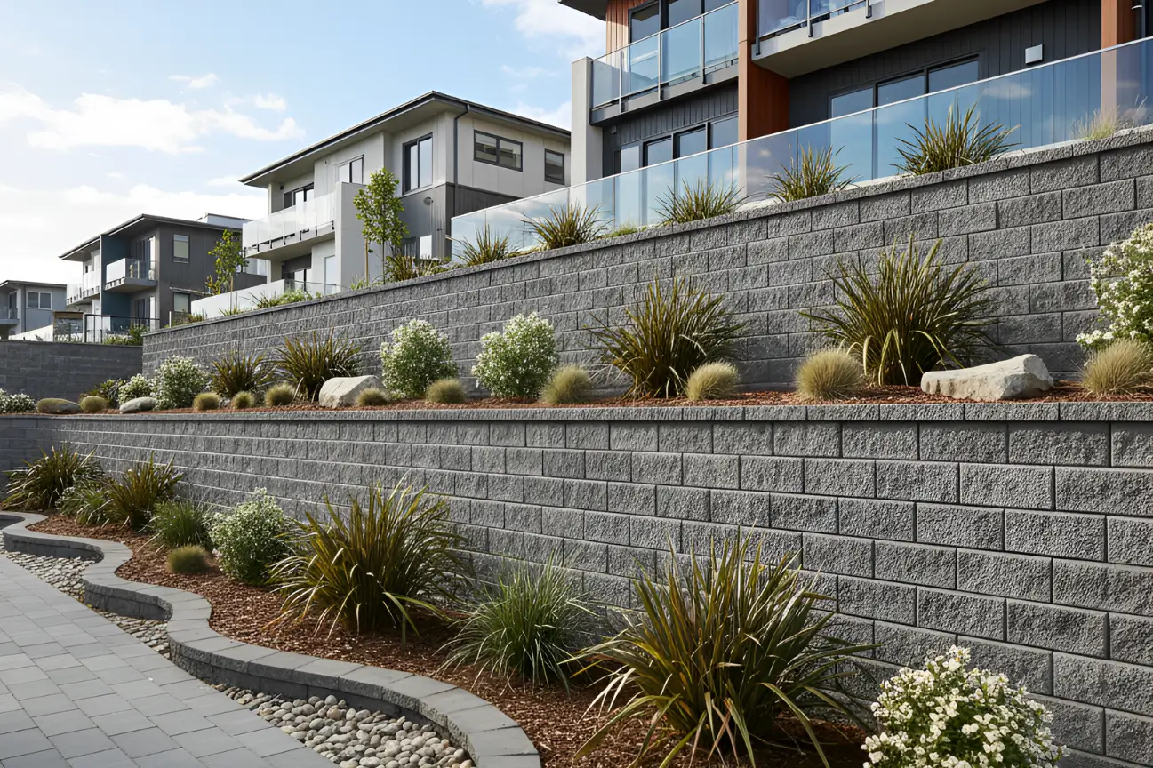 Multi-tiered grey block RHL Build HB Retaining Walls supporting a steep residential bank in Hawkes Bay.