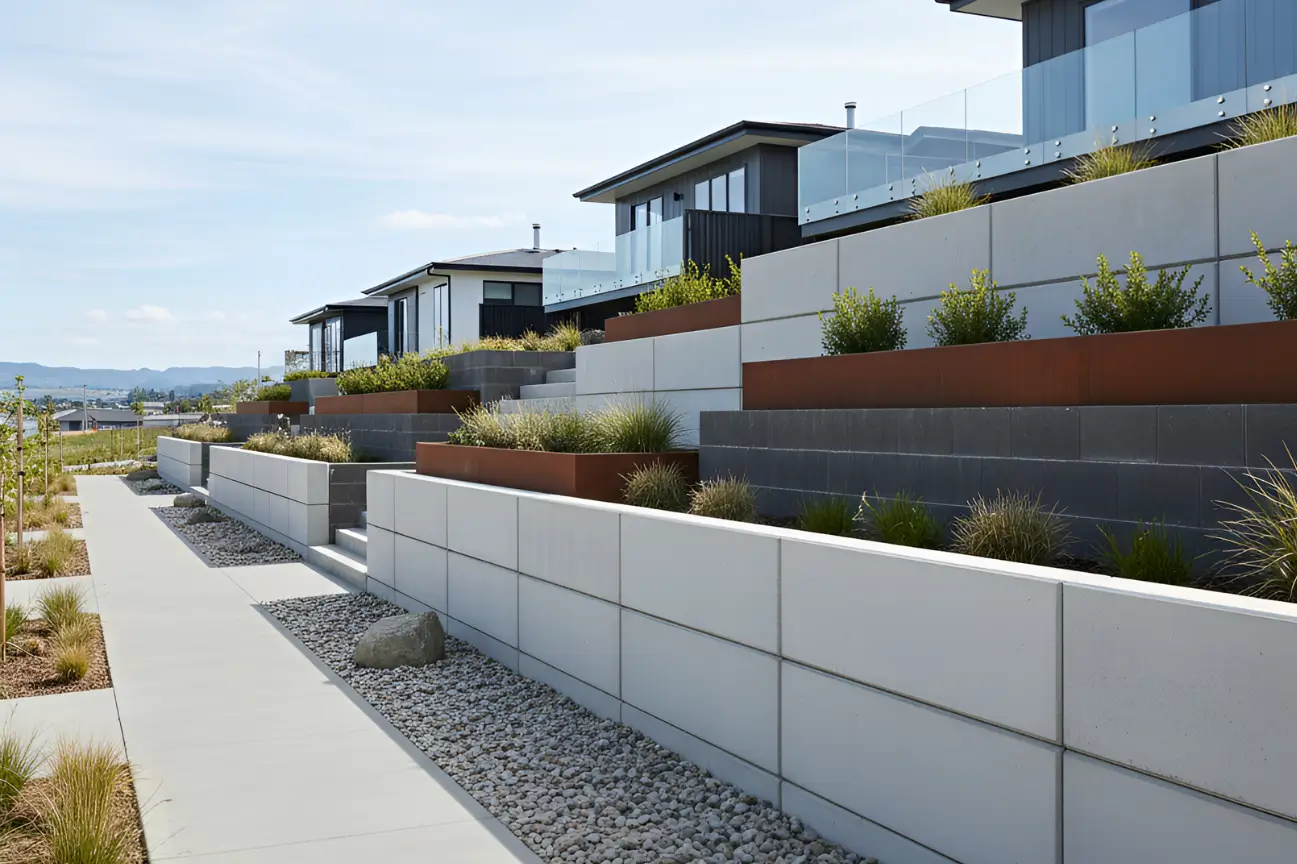 Contemporary RHL Build HB Retaining Walls with concrete panels and Corten steel planters in Hawkes Bay.